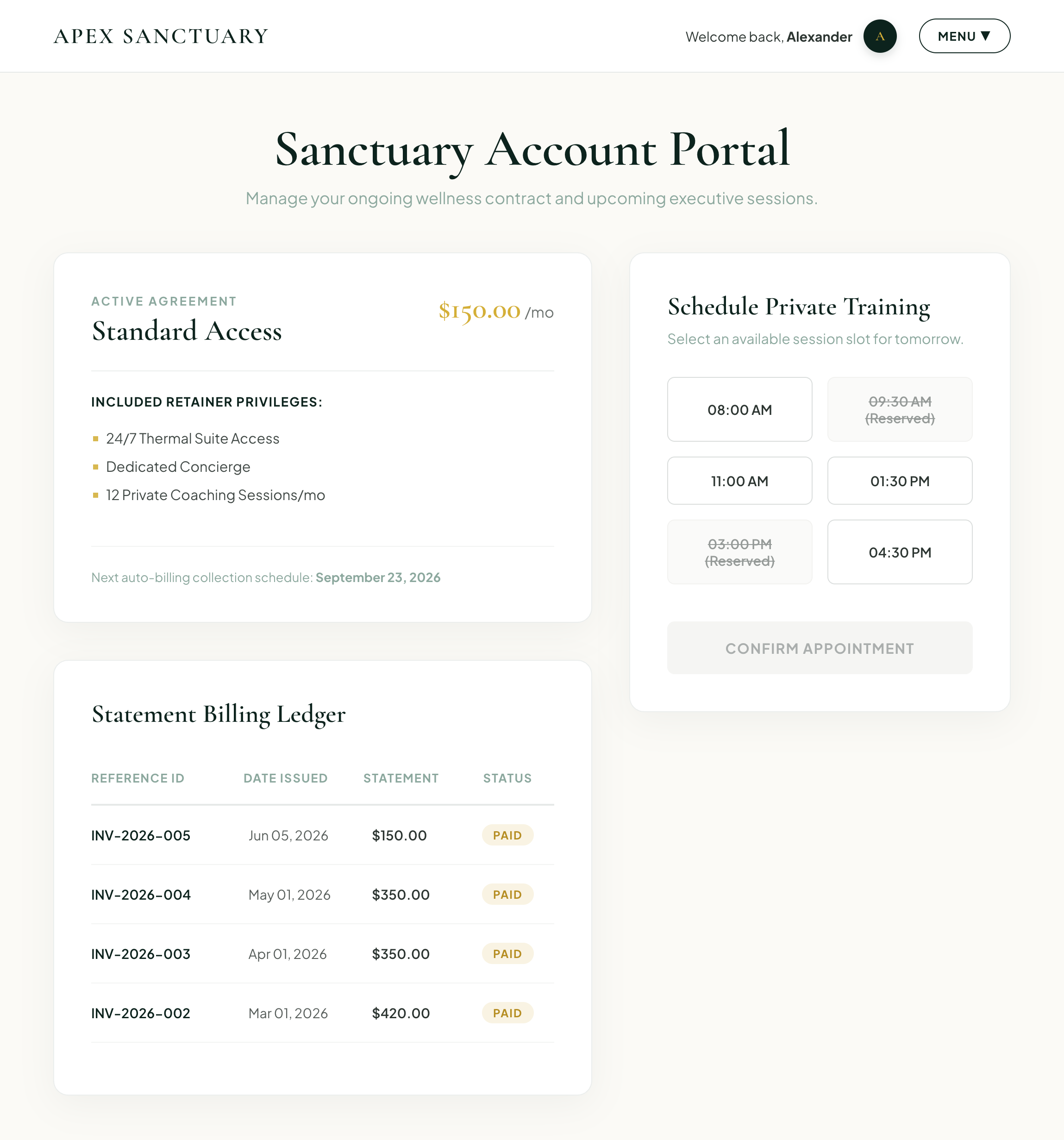 Screenshot of Apex Sanctuary (Enterprise Booking & Client Portal)