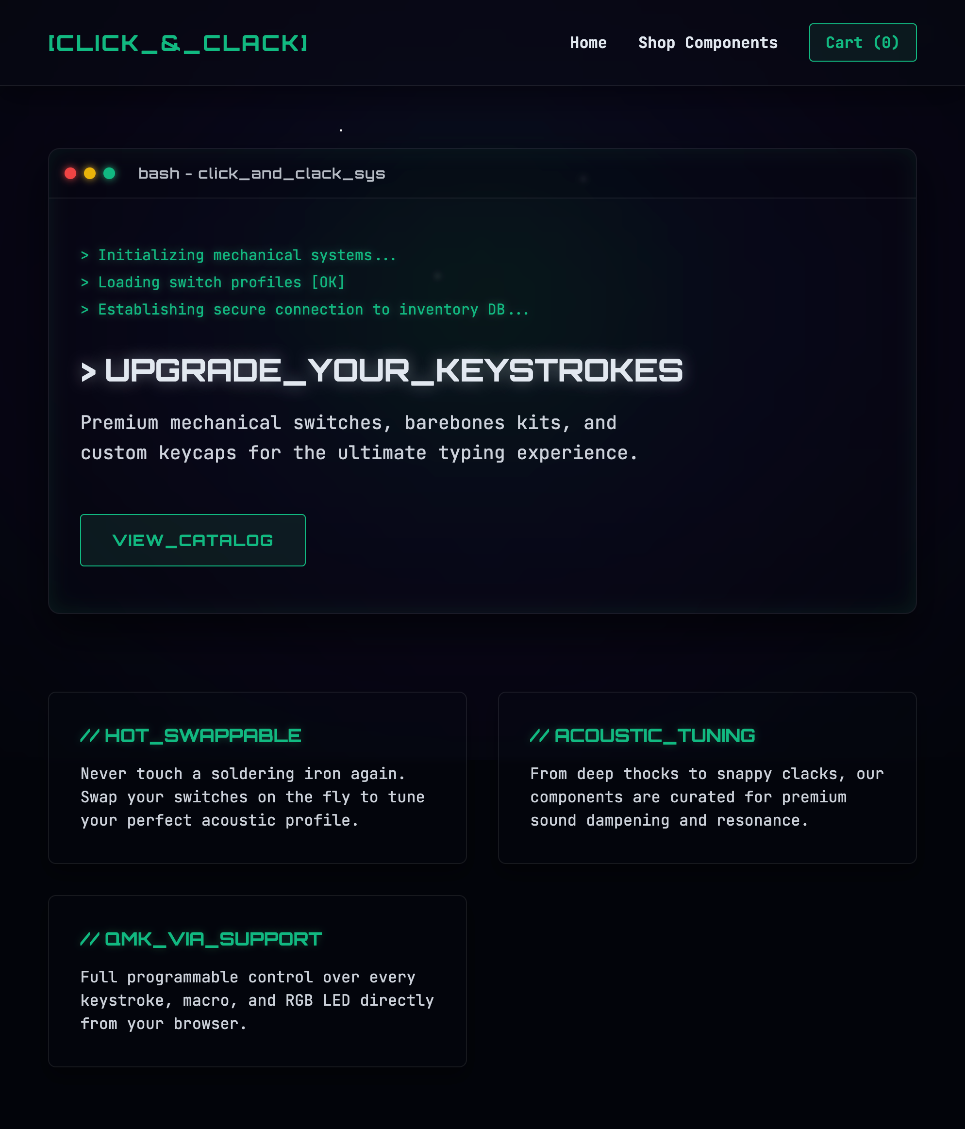 Screenshot of Click & Clack Keyboards (Hobbyist E-Commerce)