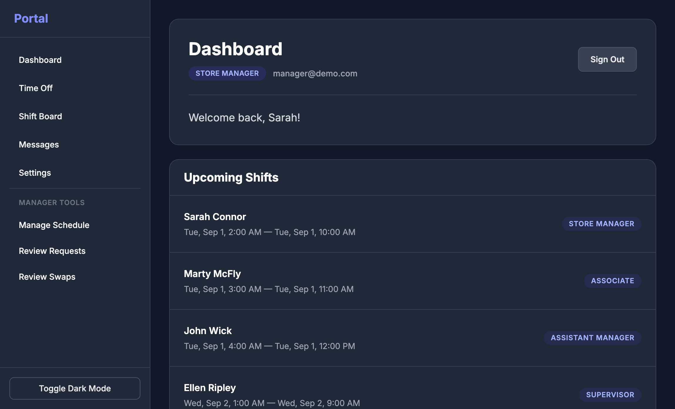 Screenshot of Employee Schedule Portal