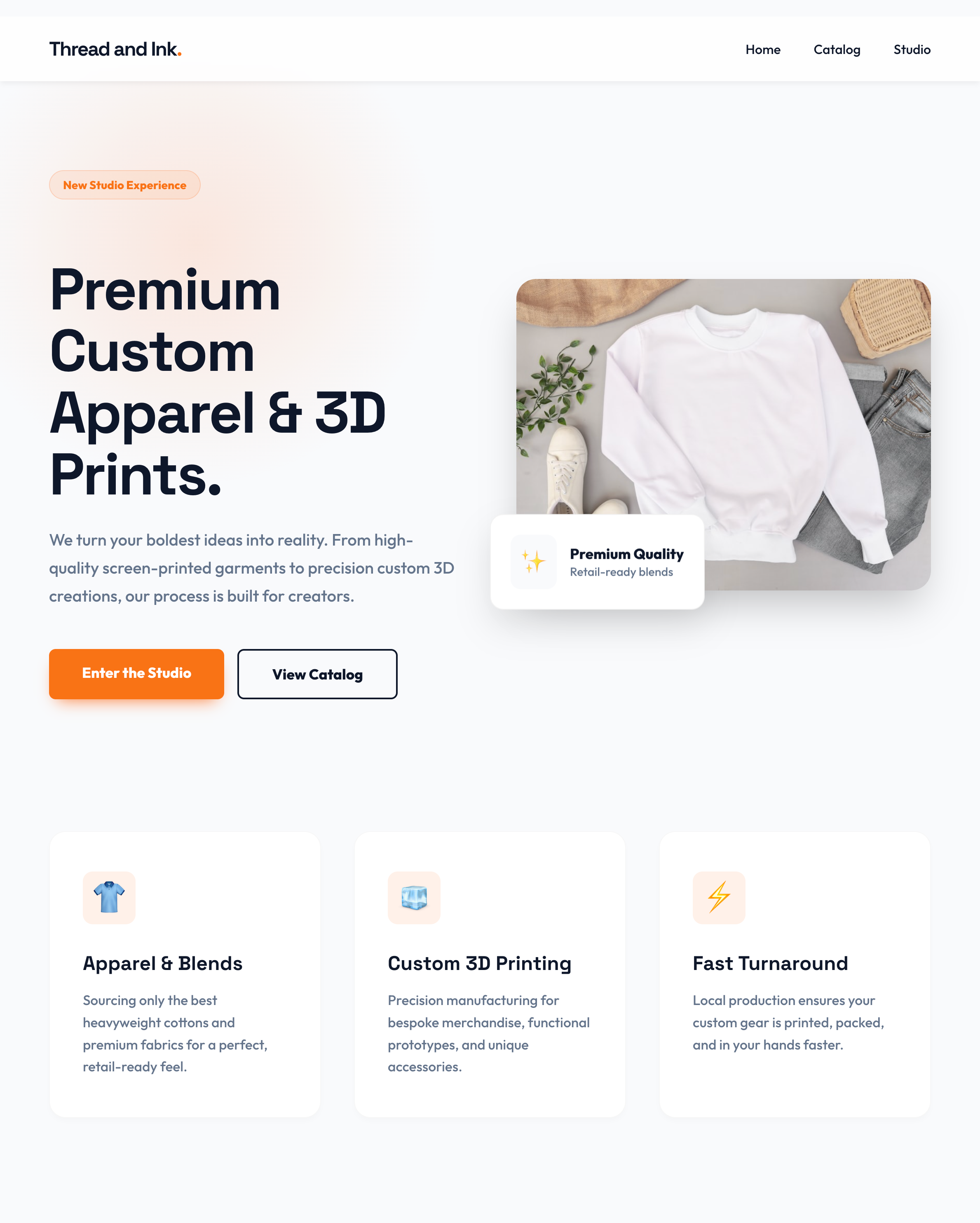 Screenshot of Thread & Ink Studio (Custom Apparel Brand)